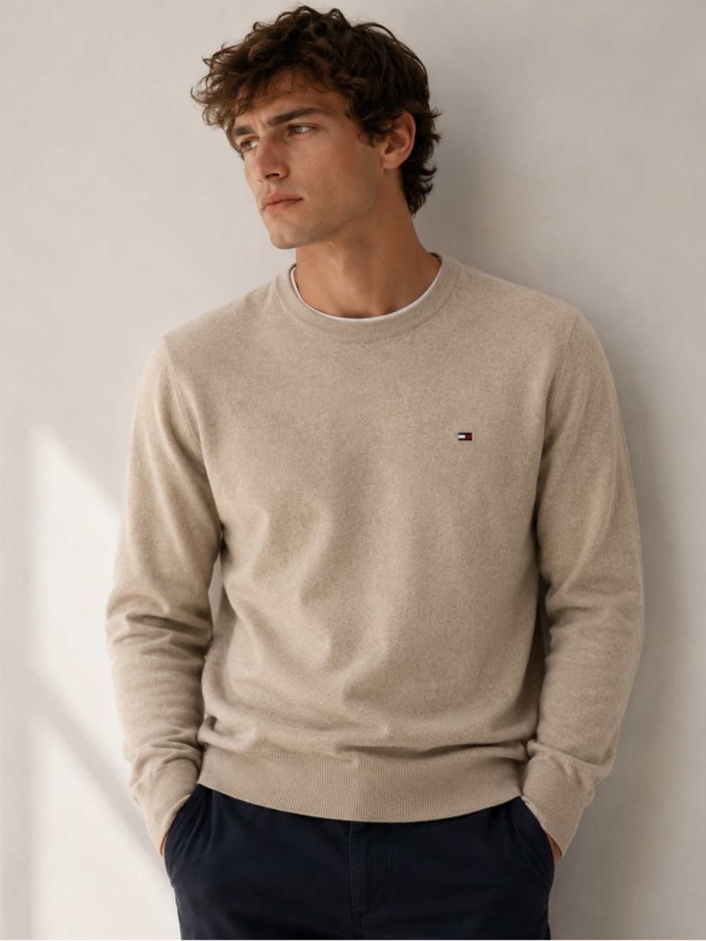 Tommy Hilfiger Men’s 100% Cotton Crewneck Sweater in Tan | Size Small